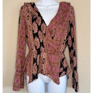 BCBGMAXAZRIA Small Peplum Blouse Peasant Fairy Boho Asymmetrical Bell‎ Sleeve